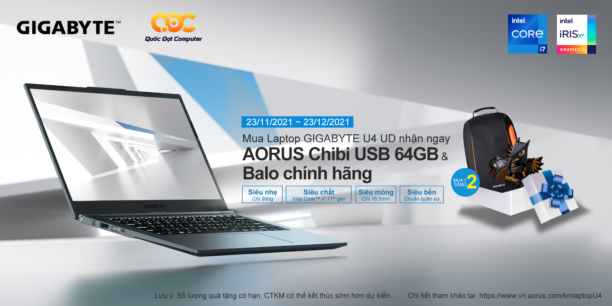 Mua Laptop GIGABYTE U4 UD Nhận Ngay AORUS Chibi USB 64GB & Balo Chính Hãng