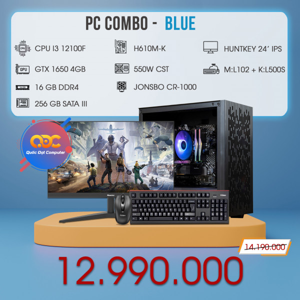 QĐ PC COMBO - BLUE (I3 12100F/GTX1650/H610/16GB/256GB/550W)
