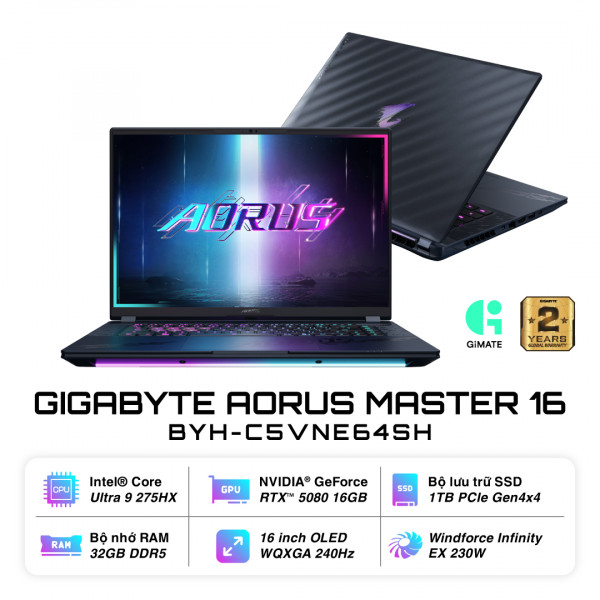 Gigabyte AORUS MASTER 16 BYHC5VNE64SH (Ultra 9 275HX | 32GB | 1TB | RTX™ 5080 | 16inch WQXGA OLED 240Hz | Win 11)