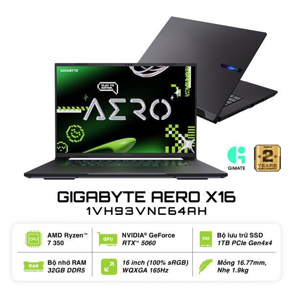 Laptop GIGABYTE AERO X16 X161VH93VNC64AH (AMD Ryzen Al 7 350 | RTX 5060 8GB | 16 inch IPS WQXGA 165Hz | 32GB | 1TB | Win 11 | Xám)